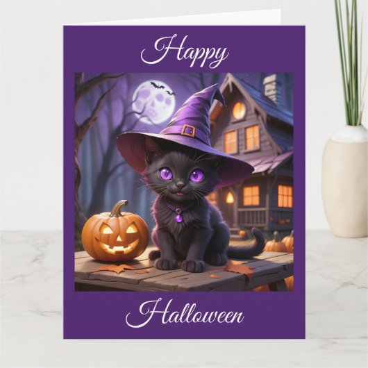 Spooky Halloween Black Kitten Karte (Vorderseite)