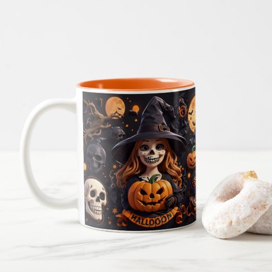 Spooky Halloween Boo Bat Pumpkin Skull Hexe Spide Zweifarbige Tasse (Mit Donut)