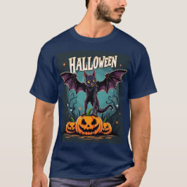 Spooky Halloween Cat: Bat Wings & Pumpkins T-Shirt