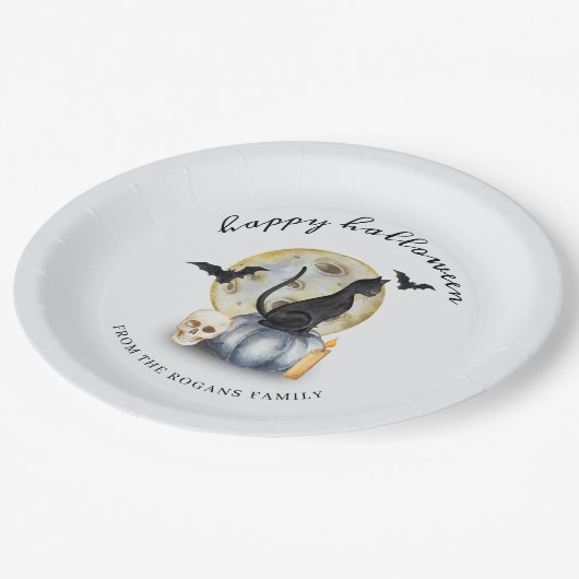 Spooky Halloween Cat Pumpkin Pappteller (Schrägansicht)