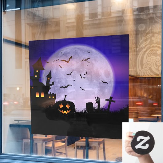 Spooky Halloween Full Moon Spuk Herrenhaus Fensteraufkleber (Café-Fenster)