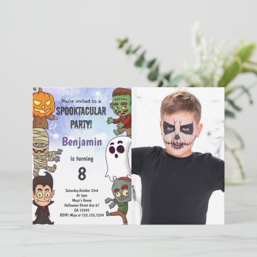 Spooky Halloween Geburtstag Einladung mit Foto (Stehend Vorderseite)