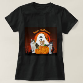Spooky Halloween-Geist und Katzen auf dem Friedhof T-Shirt