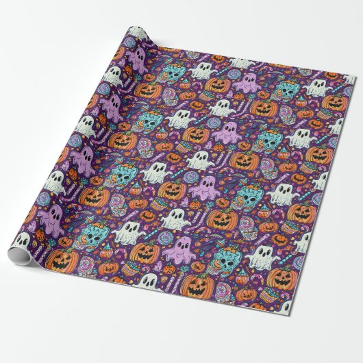 Spooky Halloween Geister und Kürbiswackelpapier Geschenkpapier (Ungerollt)
