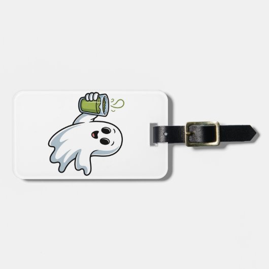 Spooky Halloween Ghost Holding Matcha Gepäckanhänger (Vorderseite horizontal)