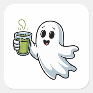 Spooky Halloween Ghost Holding Matcha Quadratischer Aufkleber