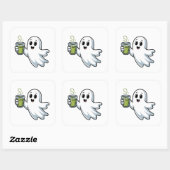 Spooky Halloween Ghost Holding Matcha Quadratischer Aufkleber (Blatt)