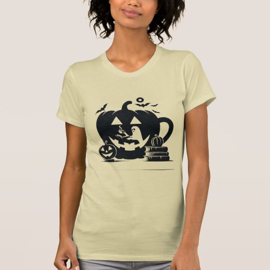 Spooky Halloween Ghost mit Pumpkin-Tasse T-Shirt (Vorderseite)