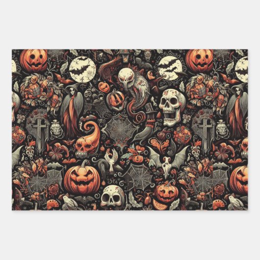 Spooky Halloween Ghost Pattern Schwarz Geschenkpapier Set (Vorderseite 3)