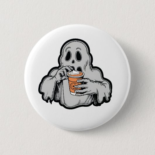 Spooky Halloween Ghost Sippin Pumpkin LatFall Button (Vorderseite)