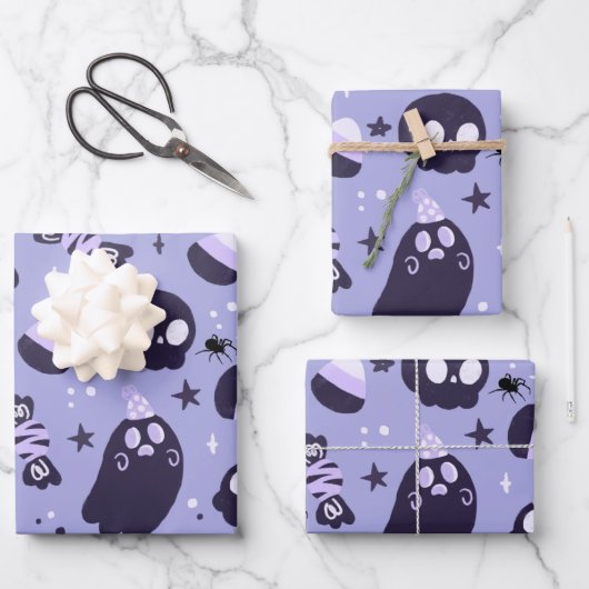 Spooky Halloween Ghost, Skulptur, Bonbons, Lila Geschenkpapier Set (Vorderseite)
