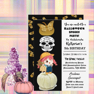 Spooky Halloween Girl Gold Pumpkins Party Einladung