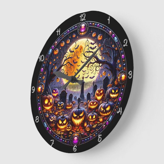 Spooky Halloween Graveyard Jack-o'-Lanterns Große Wanduhr (Winkel)