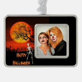 Spooky Halloween Halten Sie Ihr Foto für Ihre Fami Rahmen-Ornament Silber