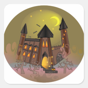 Spooky Halloween Hexenhaus und Vampirschloss Quadratischer Aufkleber
