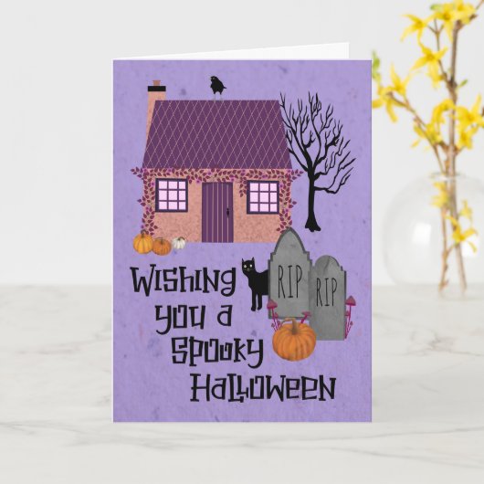 Spooky Halloween Hütte Friedhof Karte (Gelbe Blume)