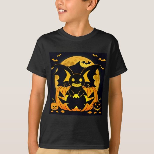 Spooky Halloween Illustration mit Bat Pumpki T-Shirt (Vorderseite)