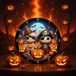 Spooky Halloween Kätzchen und Kürbis Große Wanduhr