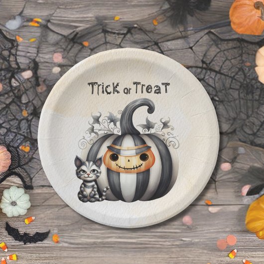 Spooky Halloween Kitten Black Striped Pumpkin Pappteller