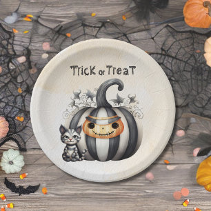 Spooky Halloween Kitten Black Striped Pumpkin Pappteller
