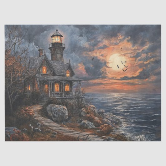 Spooky Halloween Lighthouse Szene für Decoupage Seidenpapier (Vorderseite)