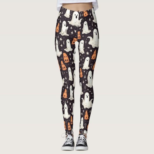 Spooky Halloween Little Ghosts Black Orange White Leggings (Vorderseite)