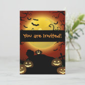 Spooky Halloween Moon, Pumpkins und Fledermäuse Ei Einladung (Stehend Vorderseite)