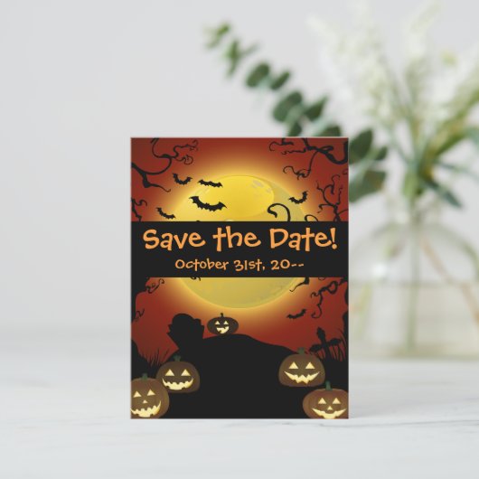 Spooky Halloween Moon, Pumpkins und Fledermäuse Ei Save The Date (Stehend Vorderseite)