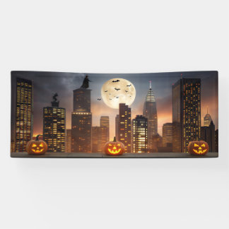 Spooky Halloween Night Cityscape mit Pumpkin Banner