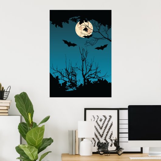 Spooky Halloween Night Full Moon und Flying Bats Poster (Heimbüro)