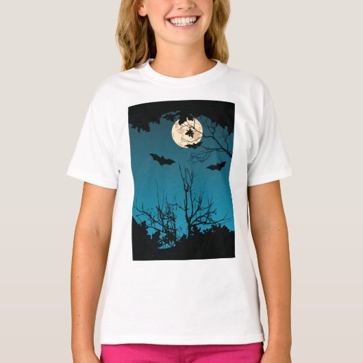 Spooky Halloween Night Full Moon und Flying Bats T-Shirt (Vorderseite)