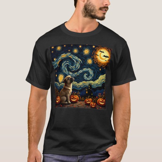Spooky Halloween Puggle Dog Starry Night T-Shirt (Vorderseite)