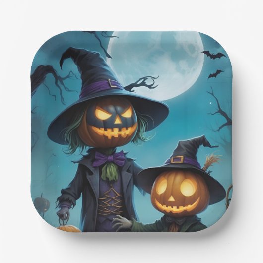 Spooky Halloween Pumpkin Duo Pappteller (Vorderseite)