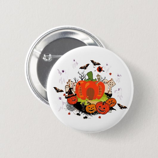 Spooky Halloween Pumpkin Graveyard Szene Button (Vorne & Hinten)