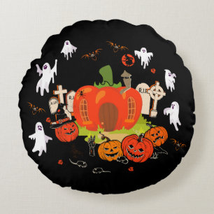 Spooky Halloween Pumpkin Graveyard Szene Rundes Kissen