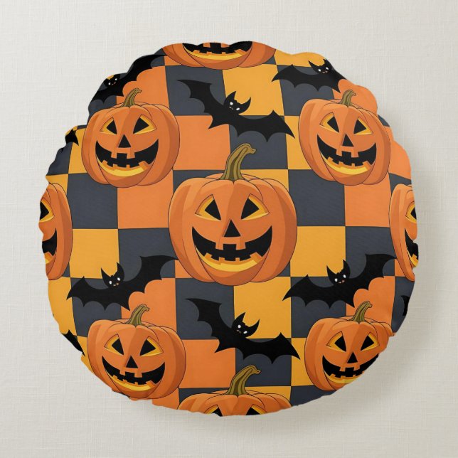 Spooky Halloween Pumpkin und Bat Pattern Rundes Kissen (Vorderseite)
