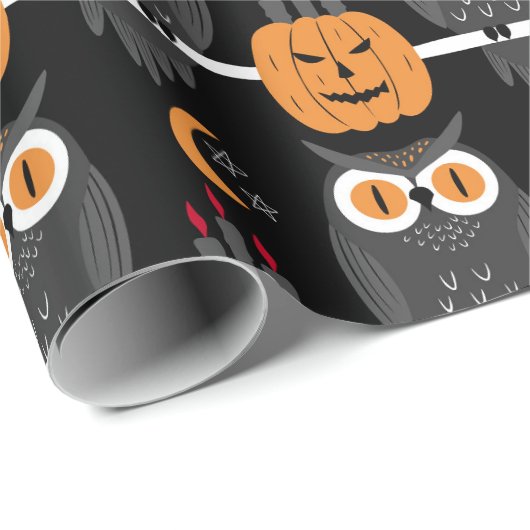Spooky Halloween Pumpkins & Owls Jack-O-Lanterns Geschenkpapier (Rolleneckpunkt)
