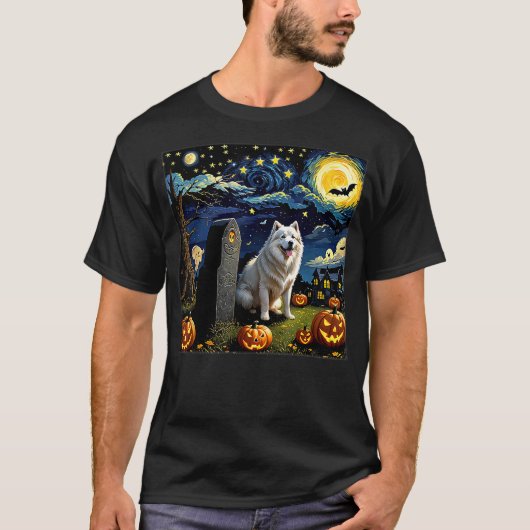 Spooky Halloween Samoyed Dog Starry Night T-Shirt (Vorderseite)