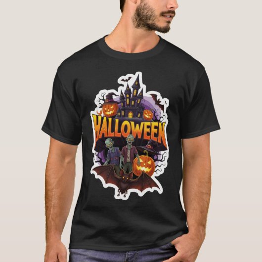 Spooky Halloween scene with zombies castle and pum T-Shirt (Vorderseite)