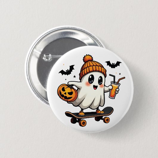 Spooky Halloween Skaten Pumpkin Spice Ghost Fall Button (Vorne & Hinten)