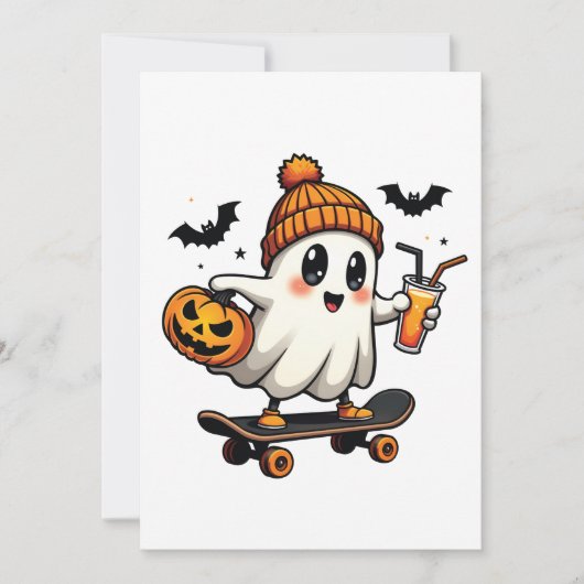 Spooky Halloween Skaten Pumpkin Spice Ghost Fall Einladung (Vorderseite)