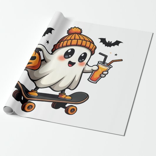 Spooky Halloween Skaten Pumpkin Spice Ghost Fall Geschenkpapier (Ungerollt)