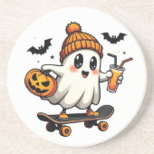 Spooky Halloween Skaten Pumpkin Spice Ghost Fall Getränkeuntersetzer (Vorne)