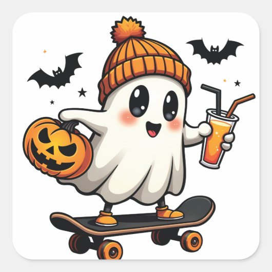 Spooky Halloween Skaten Pumpkin Spice Ghost Fall Quadratischer Aufkleber (Vorderseite)