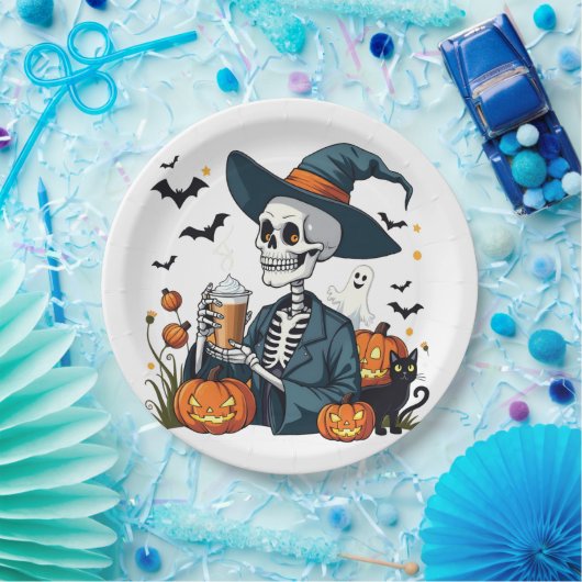 Spooky Halloween Skeleton Sippin Pumpkin Gewürz Pappteller (Party)