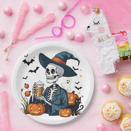 Spooky Halloween Skeleton Sippin Pumpkin Gewürz Pappteller (Party)
