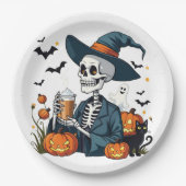 Spooky Halloween Skeleton Sippin Pumpkin Gewürz Pappteller (Vorderseite)