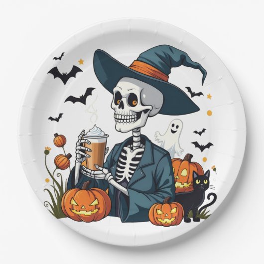 Spooky Halloween Skeleton Sippin Pumpkin Gewürz Pappteller (Vorderseite)