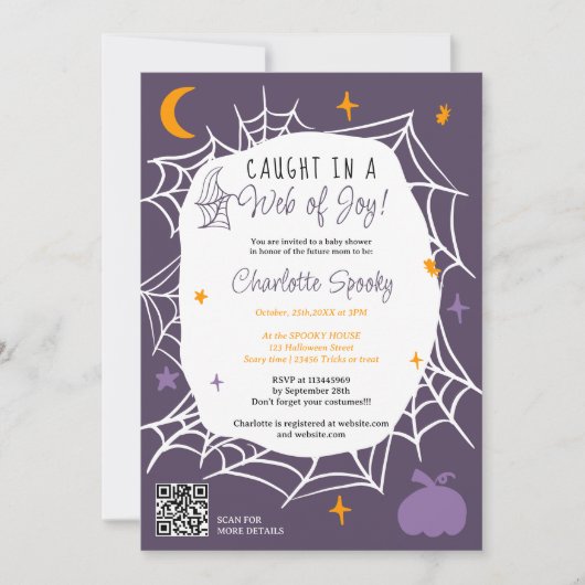 Spooky Halloween Spider Web lila Babydusche Einladung (Vorderseite)