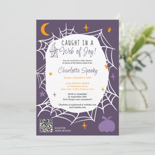 Spooky Halloween Spider Web lila Babydusche Einladung (Stehend Vorderseite)